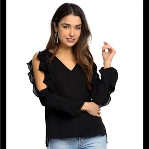 1. State black cold shoulder ruffle blouse. Size XS.